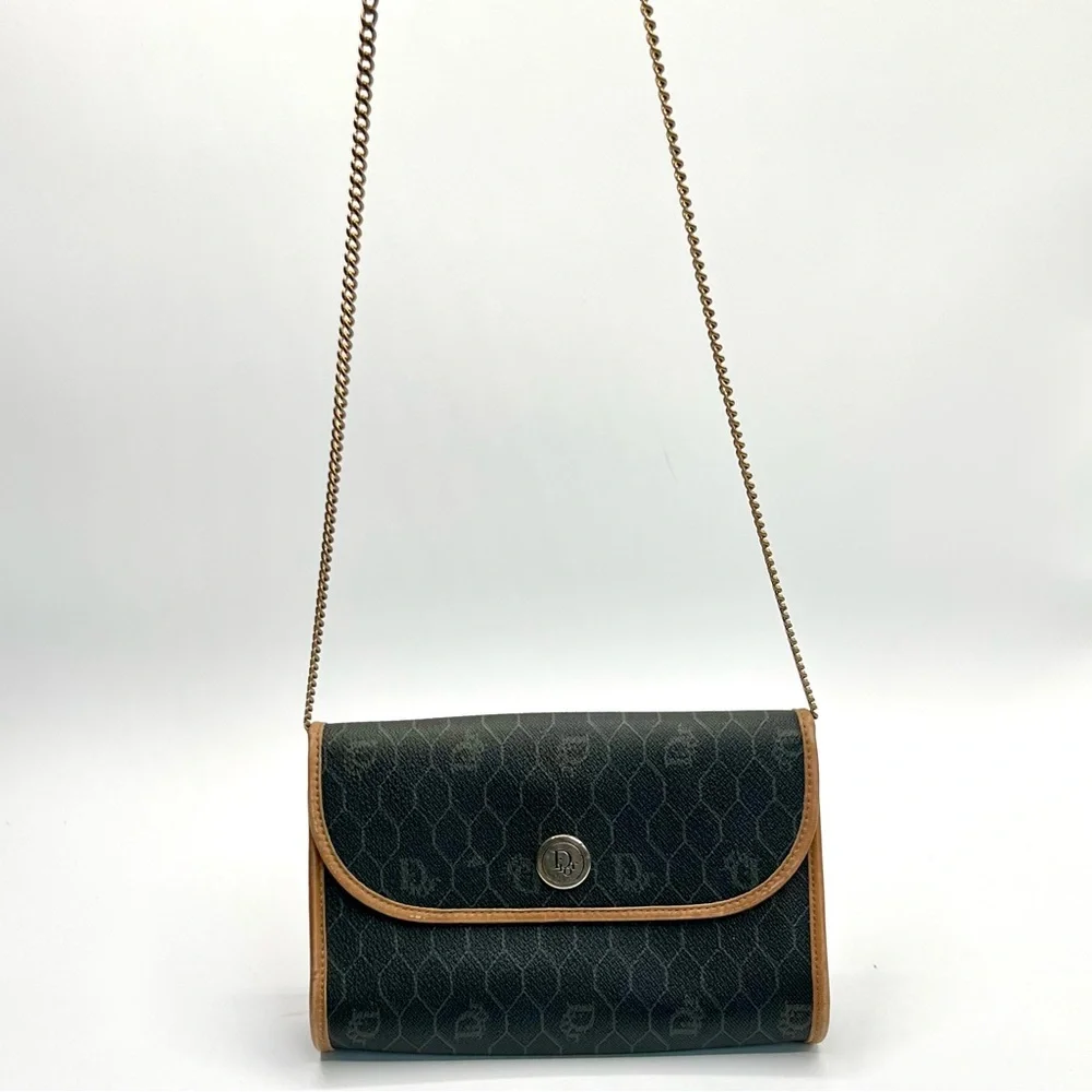 Dior Honeycomb Coated Canvas Chain Shoulder Bag in Black with Tan Leather Trim